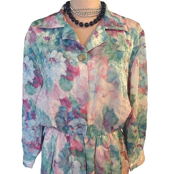 VTG 80s Colorful Floral Satin Long Sleeve Midi Dress Size 16P *fits like Medium - Picture 4 of 13